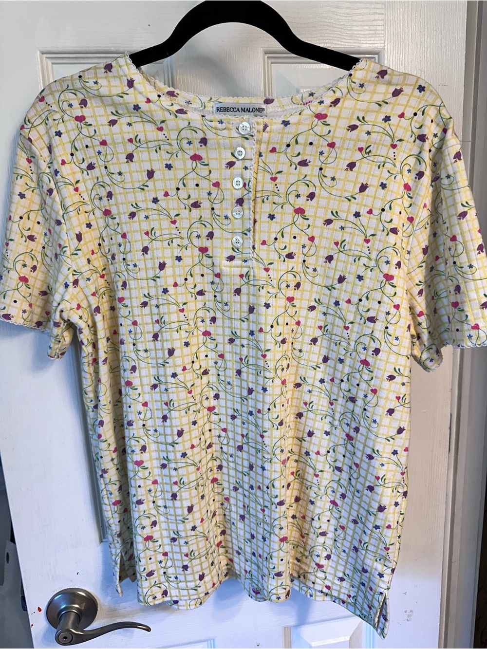 Vintage Rebecca Malone Yellow Floral Gingham Henley Top